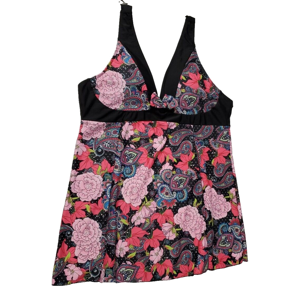Unbranded Womens Tankini V Neck Halter Swimsuit Top Black Floral Size L